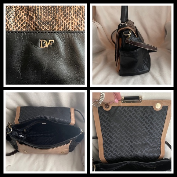 DVF Genuine Leather Snakeskin Print Satchel Bag - Black & Tan - Picture 12 of 16